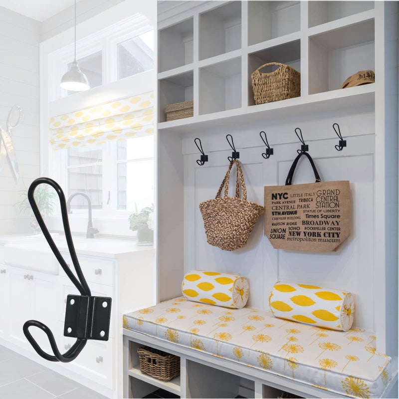 YMAISS 5 Packs of Rustic Heavy Duty Double Coat Hooks,Vintage Wall Mounted Hangers,Metal Decorative Entryway Hat Hook Black Big, Farmhouse Shabby Chic Hanging Look with Screws Included - Image 5